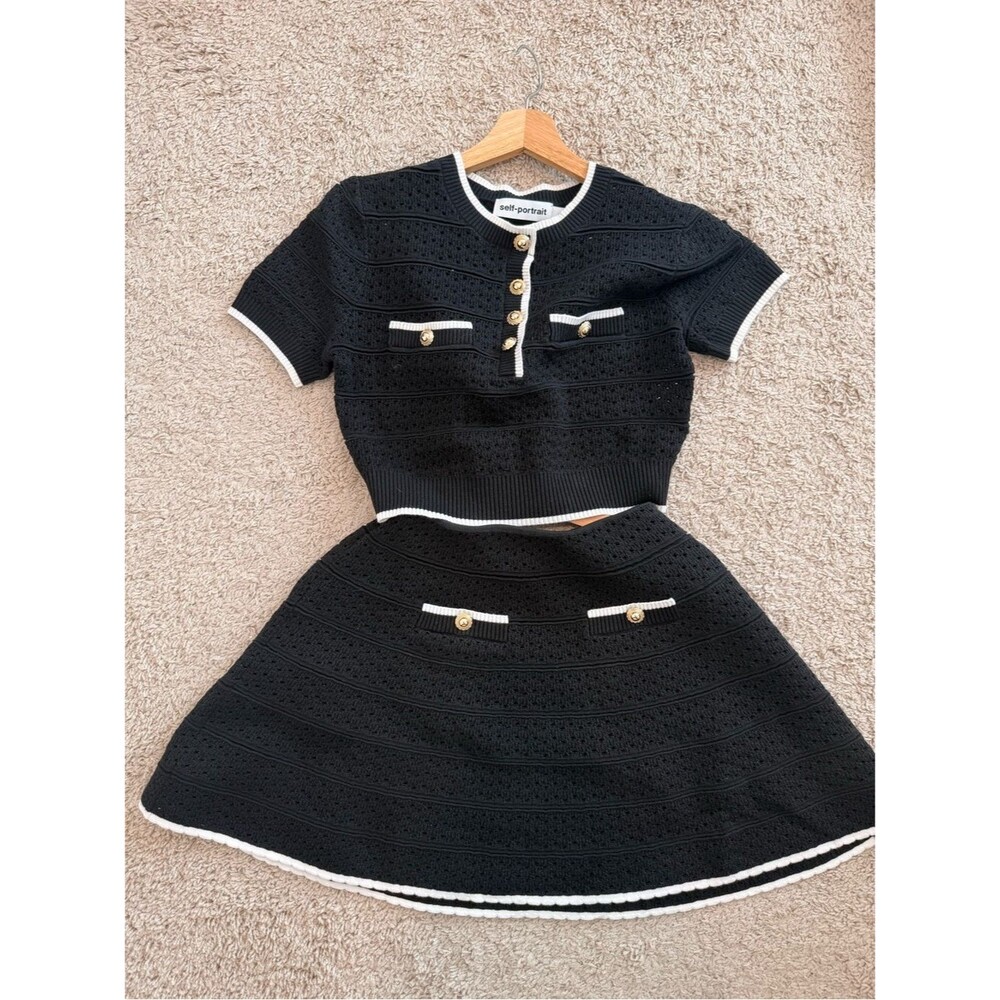 NWOT SELF-PORTRAIT BLACK POINTELLE Cropped KNIT TOP + Mini Skirt set - Picture 5 of 15